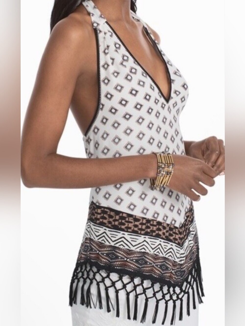 WHBM Halter Black and Cream Fringe Detail Top Size M